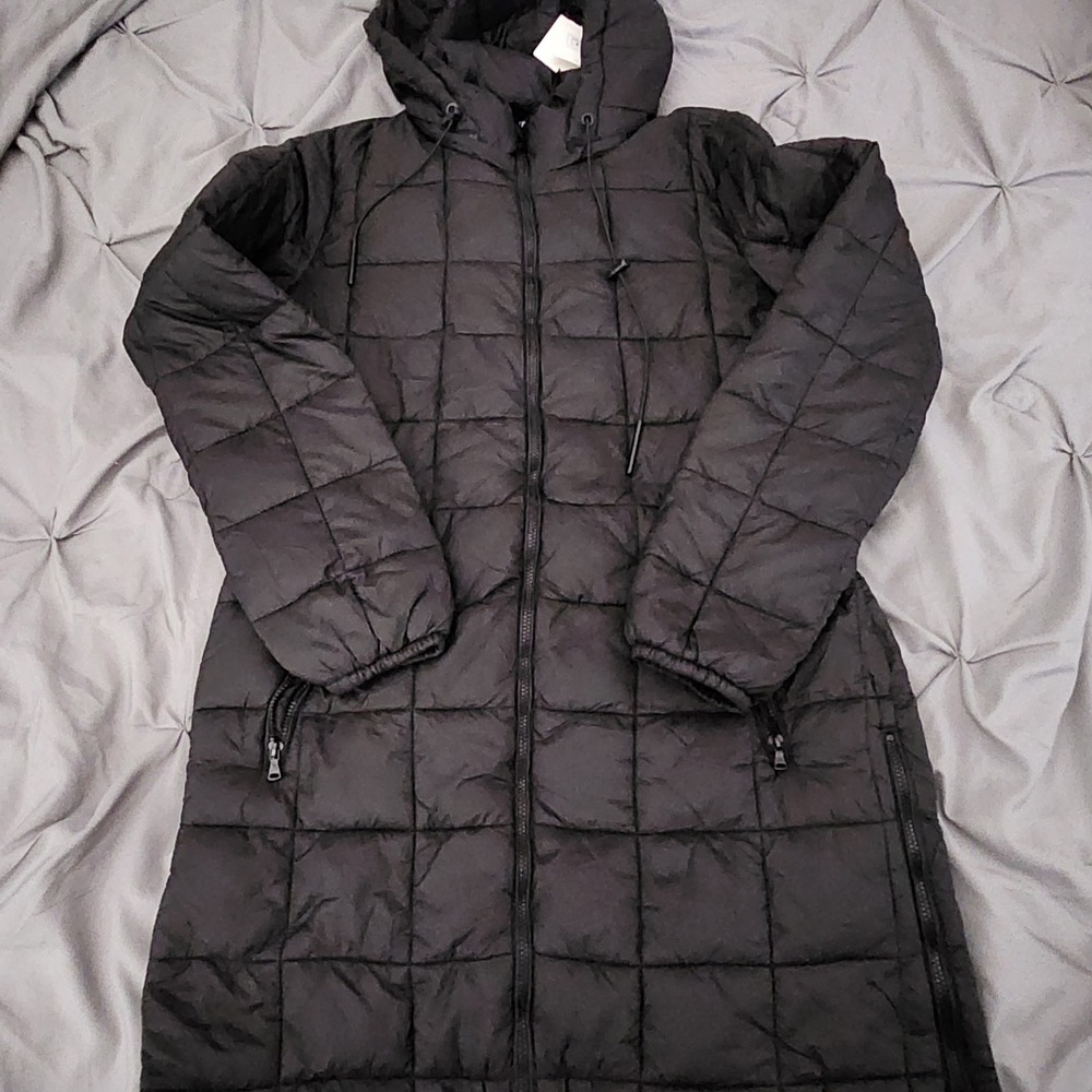 Zara Water Repellent Puffer Coat Black Long Quilted Hooded Jacket Womens XS NWT